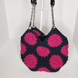 Crochet Granny Square Shoulder Bag in Cranberry and Navy Blue
